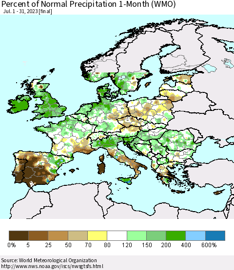 Europe Percent of Normal Precipitation 1-Month (WMO) Thematic Map For 7/1/2023 - 7/31/2023