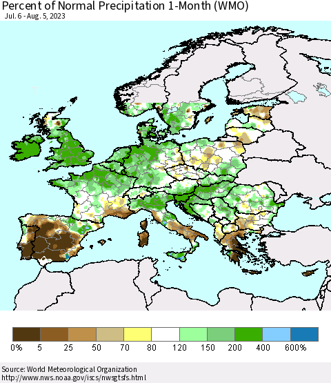 Europe Percent of Normal Precipitation 1-Month (WMO) Thematic Map For 7/6/2023 - 8/5/2023