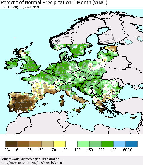Europe Percent of Normal Precipitation 1-Month (WMO) Thematic Map For 7/11/2023 - 8/10/2023