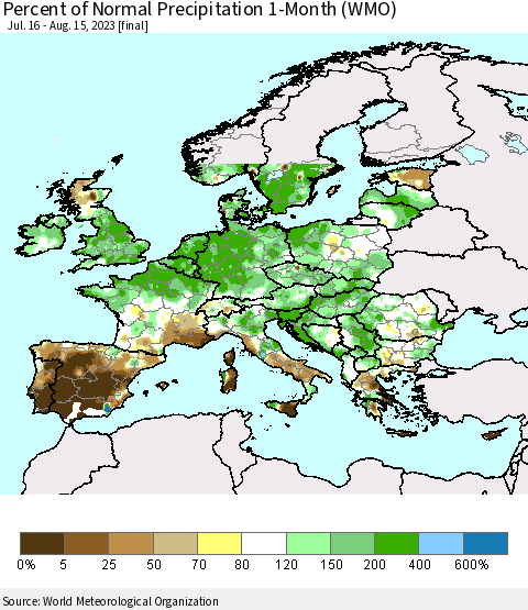 Europe Percent of Normal Precipitation 1-Month (WMO) Thematic Map For 7/16/2023 - 8/15/2023