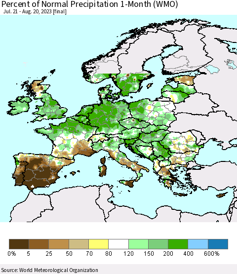 Europe Percent of Normal Precipitation 1-Month (WMO) Thematic Map For 7/21/2023 - 8/20/2023