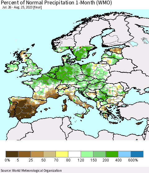 Europe Percent of Normal Precipitation 1-Month (WMO) Thematic Map For 7/26/2023 - 8/25/2023