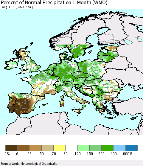 Europe Percent of Normal Precipitation 1-Month (WMO) Thematic Map For 8/1/2023 - 8/31/2023