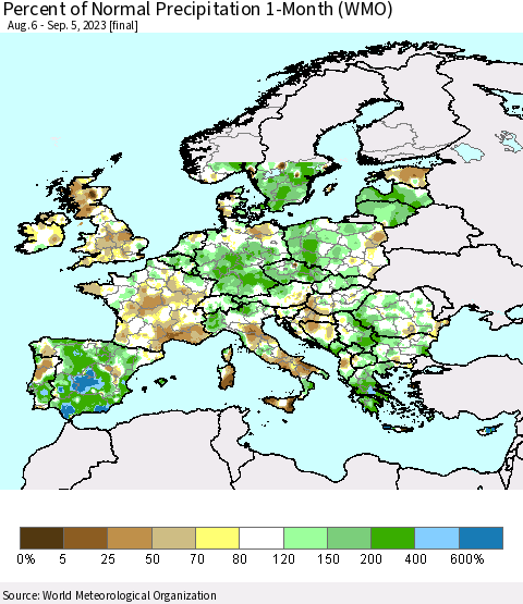 Europe Percent of Normal Precipitation 1-Month (WMO) Thematic Map For 8/6/2023 - 9/5/2023