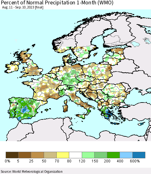 Europe Percent of Normal Precipitation 1-Month (WMO) Thematic Map For 8/11/2023 - 9/10/2023