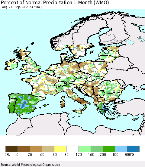Europe Percent of Normal Precipitation 1-Month (WMO) Thematic Map For 8/21/2023 - 9/20/2023