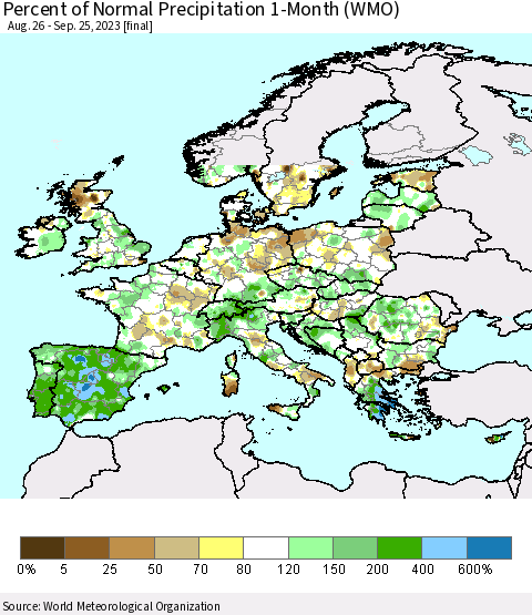 Europe Percent of Normal Precipitation 1-Month (WMO) Thematic Map For 8/26/2023 - 9/25/2023