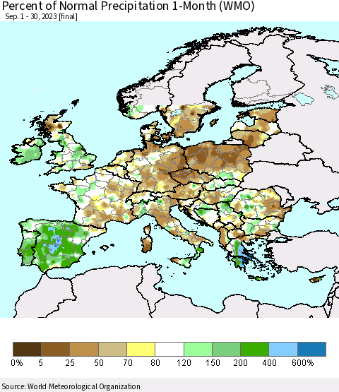 Europe Percent of Normal Precipitation 1-Month (WMO) Thematic Map For 9/1/2023 - 9/30/2023