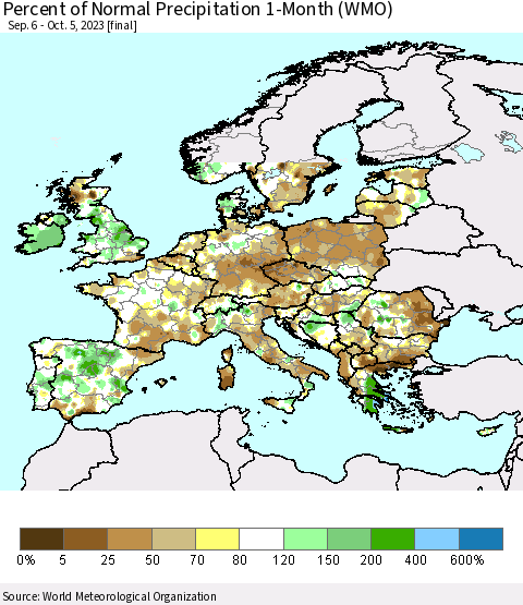 Europe Percent of Normal Precipitation 1-Month (WMO) Thematic Map For 9/6/2023 - 10/5/2023