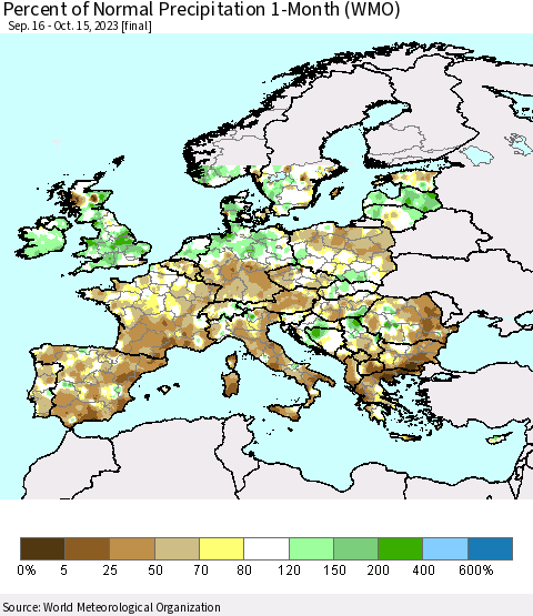 Europe Percent of Normal Precipitation 1-Month (WMO) Thematic Map For 9/16/2023 - 10/15/2023