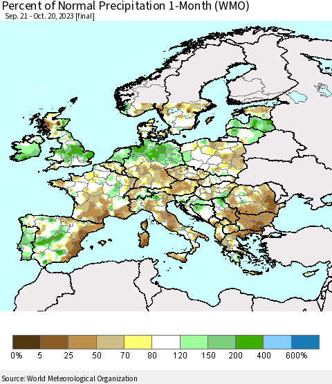 Europe Percent of Normal Precipitation 1-Month (WMO) Thematic Map For 9/21/2023 - 10/20/2023