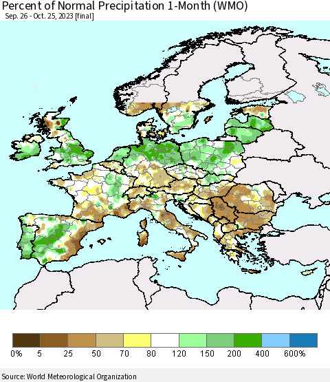 Europe Percent of Normal Precipitation 1-Month (WMO) Thematic Map For 9/26/2023 - 10/25/2023