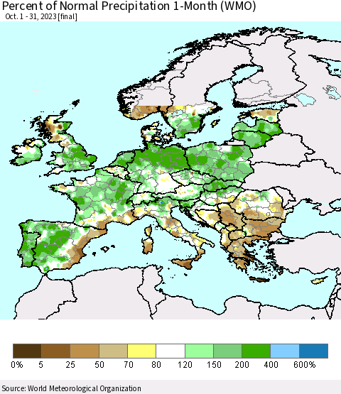 Europe Percent of Normal Precipitation 1-Month (WMO) Thematic Map For 10/1/2023 - 10/31/2023