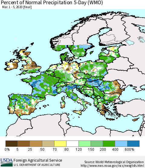 Europe Percent of Normal Precipitation 5-Day (WMO) Thematic Map For 3/1/2020 - 3/5/2020