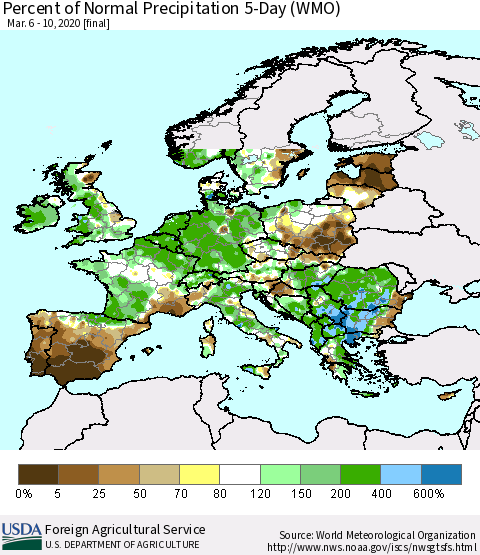 Europe Percent of Normal Precipitation 5-Day (WMO) Thematic Map For 3/6/2020 - 3/10/2020
