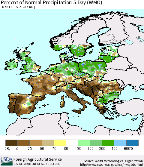 Europe Percent of Normal Precipitation 5-Day (WMO) Thematic Map For 3/11/2020 - 3/15/2020