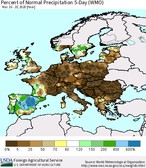Europe Percent of Normal Precipitation 5-Day (WMO) Thematic Map For 3/16/2020 - 3/20/2020