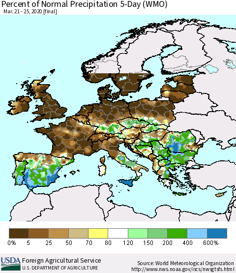 Europe Percent of Normal Precipitation 5-Day (WMO) Thematic Map For 3/21/2020 - 3/25/2020