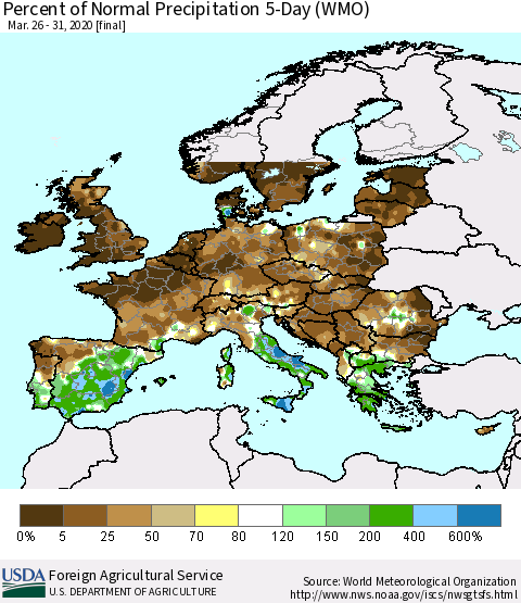 Europe Percent of Normal Precipitation 5-Day (WMO) Thematic Map For 3/26/2020 - 3/31/2020