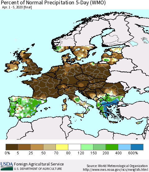Europe Percent of Normal Precipitation 5-Day (WMO) Thematic Map For 4/1/2020 - 4/5/2020