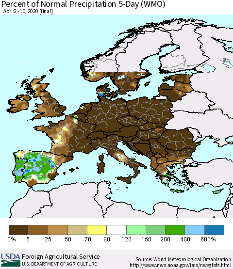 Europe Percent of Normal Precipitation 5-Day (WMO) Thematic Map For 4/6/2020 - 4/10/2020