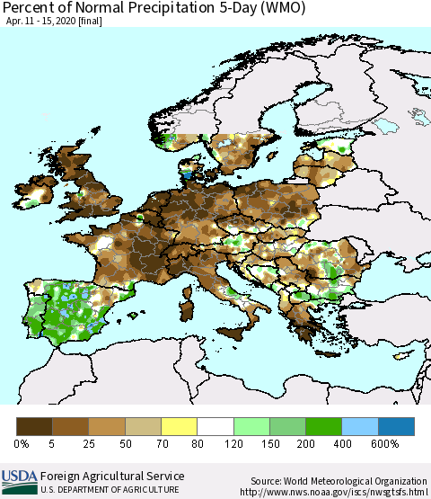 Europe Percent of Normal Precipitation 5-Day (WMO) Thematic Map For 4/11/2020 - 4/15/2020