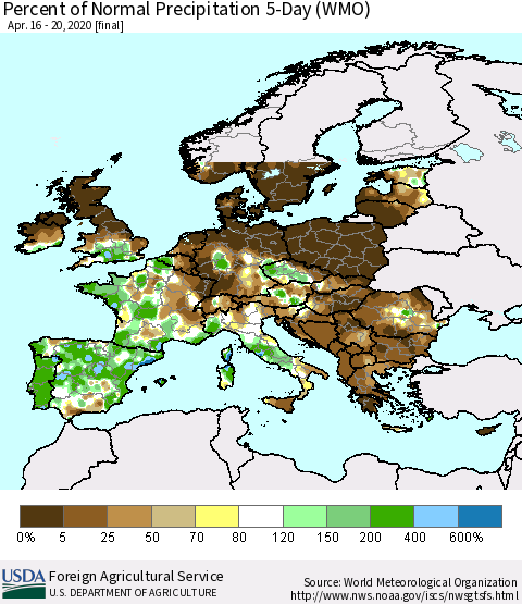 Europe Percent of Normal Precipitation 5-Day (WMO) Thematic Map For 4/16/2020 - 4/20/2020