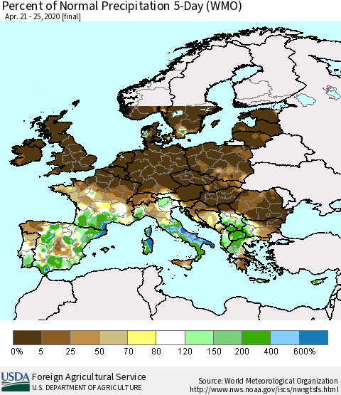 Europe Percent of Normal Precipitation 5-Day (WMO) Thematic Map For 4/21/2020 - 4/25/2020