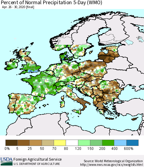Europe Percent of Normal Precipitation 5-Day (WMO) Thematic Map For 4/26/2020 - 4/30/2020