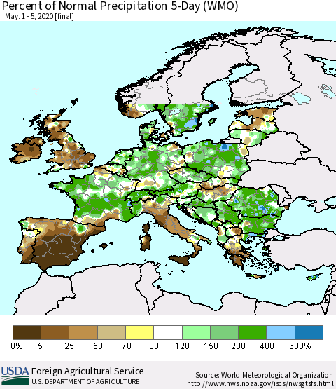 Europe Percent of Normal Precipitation 5-Day (WMO) Thematic Map For 5/1/2020 - 5/5/2020