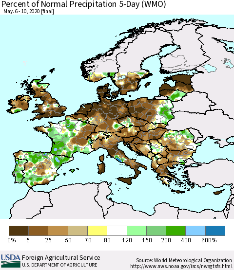 Europe Percent of Normal Precipitation 5-Day (WMO) Thematic Map For 5/6/2020 - 5/10/2020