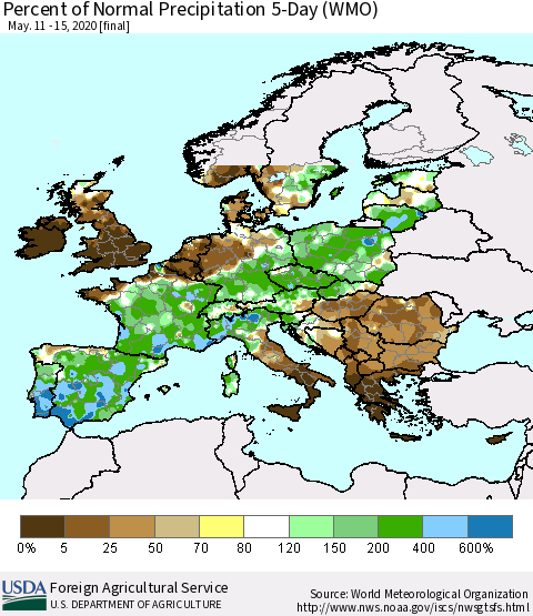 Europe Percent of Normal Precipitation 5-Day (WMO) Thematic Map For 5/11/2020 - 5/15/2020