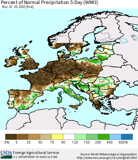Europe Percent of Normal Precipitation 5-Day (WMO) Thematic Map For 5/16/2020 - 5/20/2020