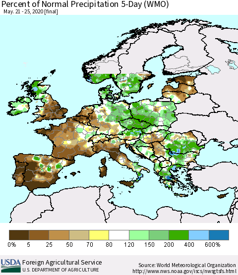 Europe Percent of Normal Precipitation 5-Day (WMO) Thematic Map For 5/21/2020 - 5/25/2020
