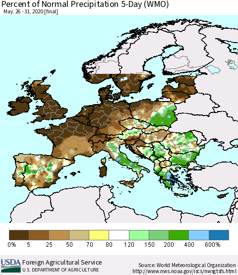 Europe Percent of Normal Precipitation 5-Day (WMO) Thematic Map For 5/26/2020 - 5/31/2020