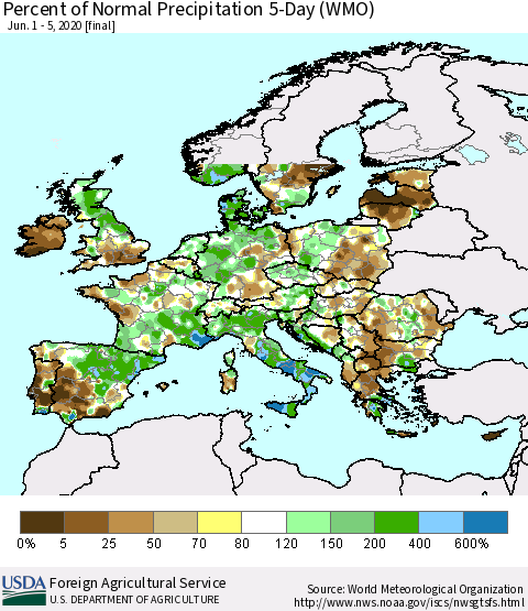 Europe Percent of Normal Precipitation 5-Day (WMO) Thematic Map For 6/1/2020 - 6/5/2020