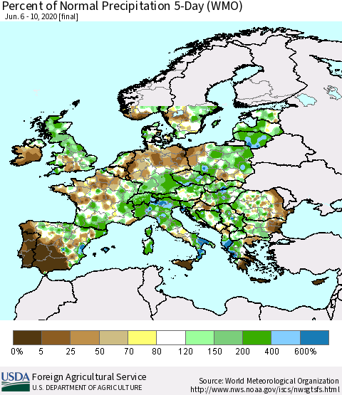Europe Percent of Normal Precipitation 5-Day (WMO) Thematic Map For 6/6/2020 - 6/10/2020