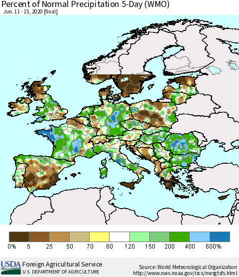 Europe Percent of Normal Precipitation 5-Day (WMO) Thematic Map For 6/11/2020 - 6/15/2020
