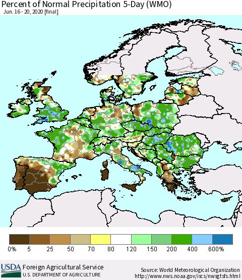 Europe Percent of Normal Precipitation 5-Day (WMO) Thematic Map For 6/16/2020 - 6/20/2020