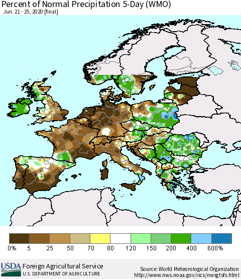 Europe Percent of Normal Precipitation 5-Day (WMO) Thematic Map For 6/21/2020 - 6/25/2020