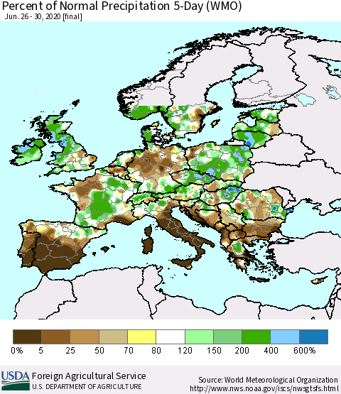 Europe Percent of Normal Precipitation 5-Day (WMO) Thematic Map For 6/26/2020 - 6/30/2020