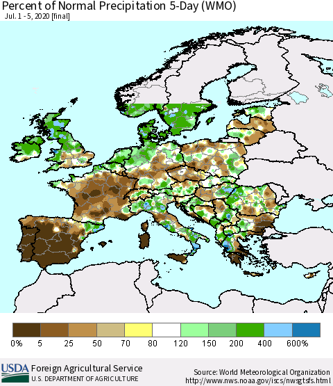 Europe Percent of Normal Precipitation 5-Day (WMO) Thematic Map For 7/1/2020 - 7/5/2020