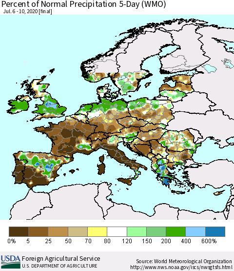 Europe Percent of Normal Precipitation 5-Day (WMO) Thematic Map For 7/6/2020 - 7/10/2020