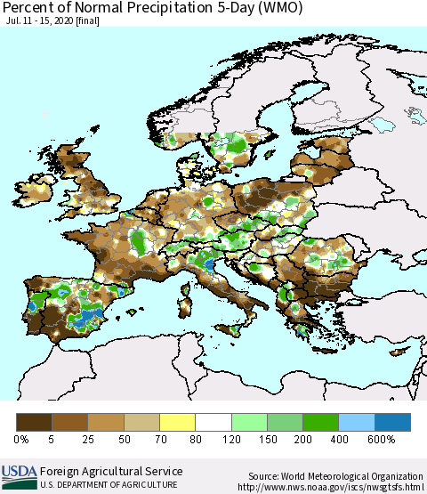Europe Percent of Normal Precipitation 5-Day (WMO) Thematic Map For 7/11/2020 - 7/15/2020