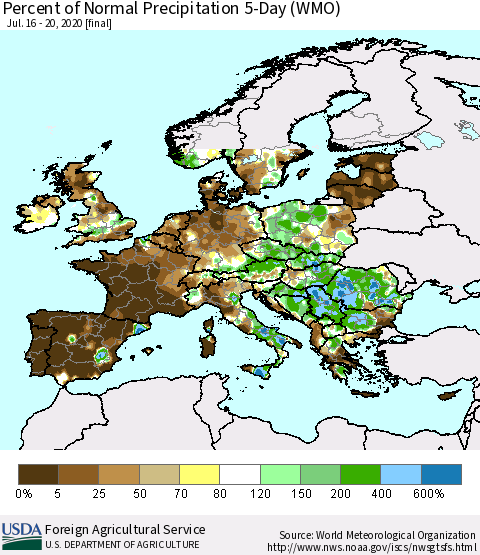 Europe Percent of Normal Precipitation 5-Day (WMO) Thematic Map For 7/16/2020 - 7/20/2020