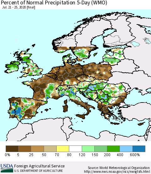 Europe Percent of Normal Precipitation 5-Day (WMO) Thematic Map For 7/21/2020 - 7/25/2020