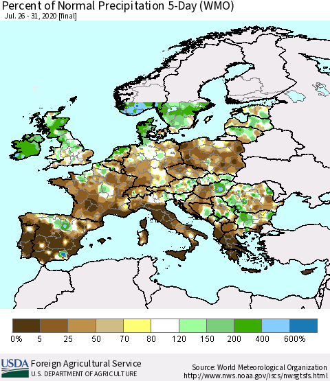 Europe Percent of Normal Precipitation 5-Day (WMO) Thematic Map For 7/26/2020 - 7/31/2020