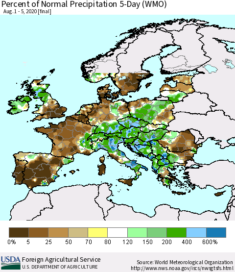 Europe Percent of Normal Precipitation 5-Day (WMO) Thematic Map For 8/1/2020 - 8/5/2020