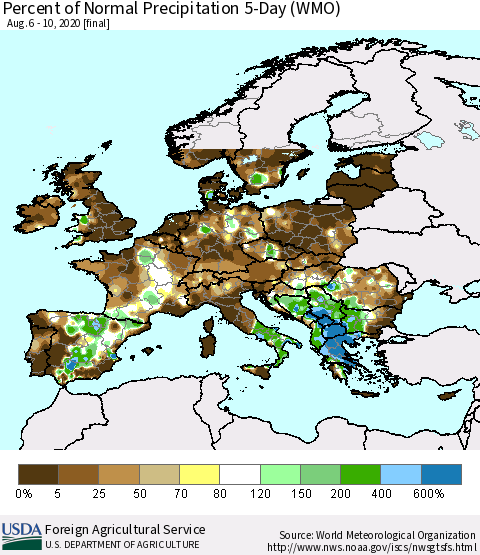 Europe Percent of Normal Precipitation 5-Day (WMO) Thematic Map For 8/6/2020 - 8/10/2020