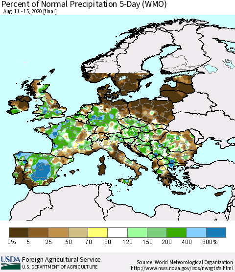 Europe Percent of Normal Precipitation 5-Day (WMO) Thematic Map For 8/11/2020 - 8/15/2020